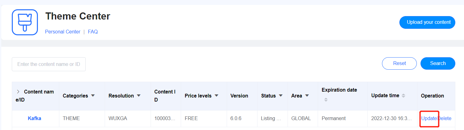 3. Click Upload Theme Package and upload the prepared theme package ...